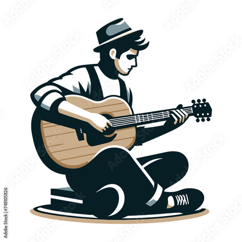 Musician man playing guitar acoustic vector illustration, male guitarist performing music, String instrument player design template isolated on white background