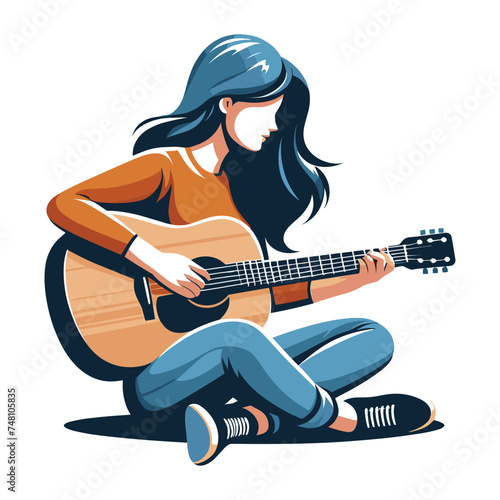 Musician woman playing guitar acoustic vector illustration, female guitarist performing music, String instrument player design template isolated on white background