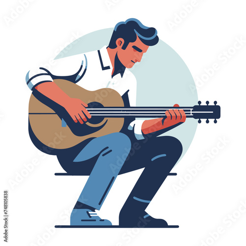 Musician man playing guitar acoustic vector illustration, male guitarist performing music, String instrument player design template isolated on white background