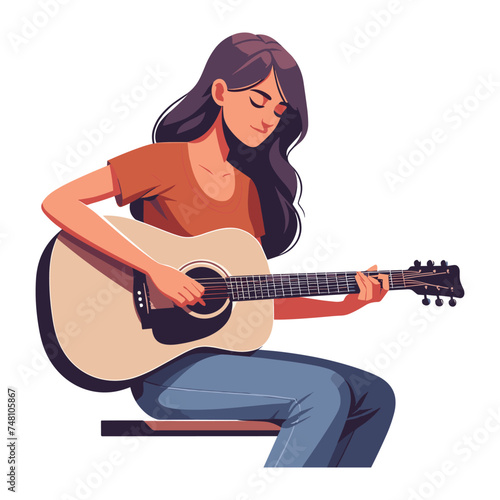 Musician woman playing guitar acoustic vector illustration, female guitarist performing music, String instrument player design template isolated on white background