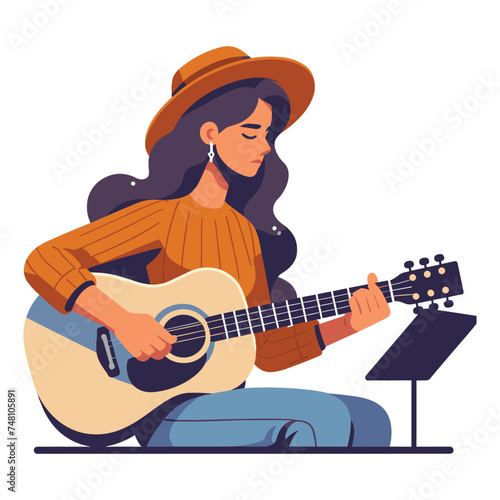 Musician woman playing guitar acoustic vector illustration, female guitarist performing music, String instrument player design template isolated on white background