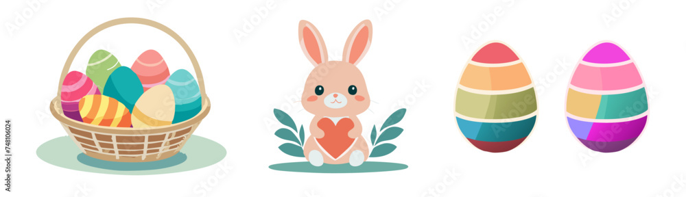 Coelhinho da Páscoa fofo, ovos de Páscoa em uma cesta e um gramado | Cute Easter bunny, Easter eggs in a basket and a lawn