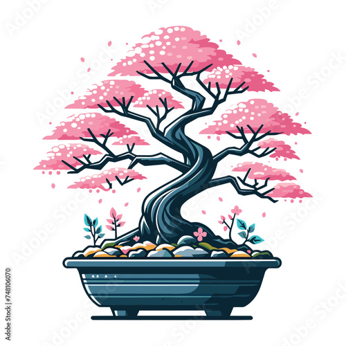 Sakura bonsai tree vector illustration. Aesthetic Japanese and Chinese traditional culture bonsai and potted plants design template isolated on white background
