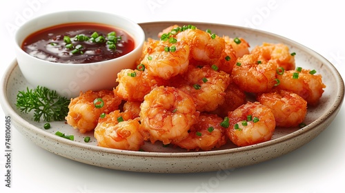 Crispy prawns drizzled with sauce on a white plate.