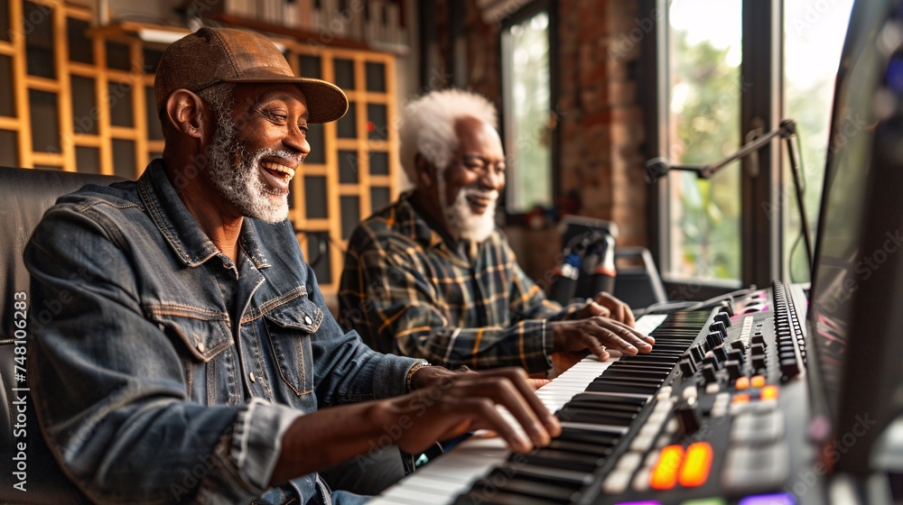Two black seniors smiling and collaborating on a hip-hop music production, writing lyrics and laying down tracks in a home studio