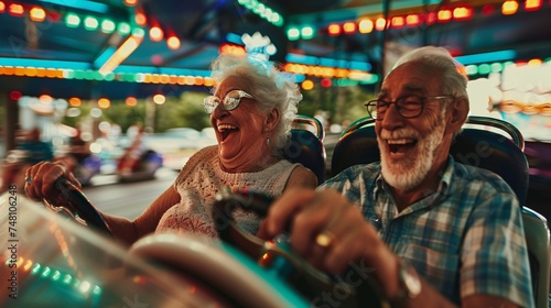 Two seniors smiling and enjoying a thrilling bumper car ride laughing as they bump into each other playfully