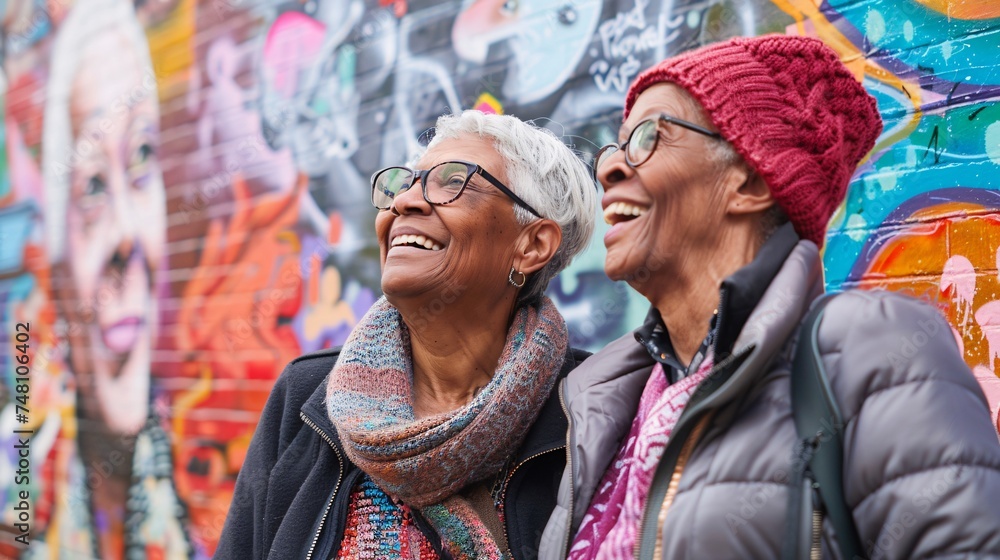 Two black senior friends smiling and admiring street art murals in a hip-hop inspired neighborhood