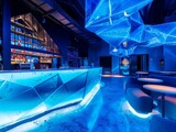 blue lounge bar in amsterdam for entertainment and shopping, in the style of futuristic optics, animated mosaics, imax, bold outlines, subtle ink application, outrun, text and emoji installations 