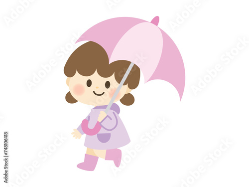 傘をさす子供のイラスト(ピンク)