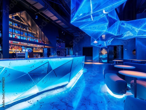 blue lounge bar in amsterdam for entertainment and shopping  in the style of futuristic optics  animated mosaics  imax  bold outlines  subtle ink application  outrun  text and emoji installations 