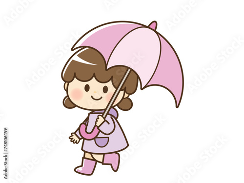 傘をさす子供のイラスト(ピンク)_線あり