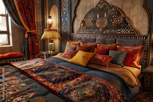luxury bedroom in arabic interior design style. cozy room in arabic style. beautiful deluxe room ramadan kareem background interior view