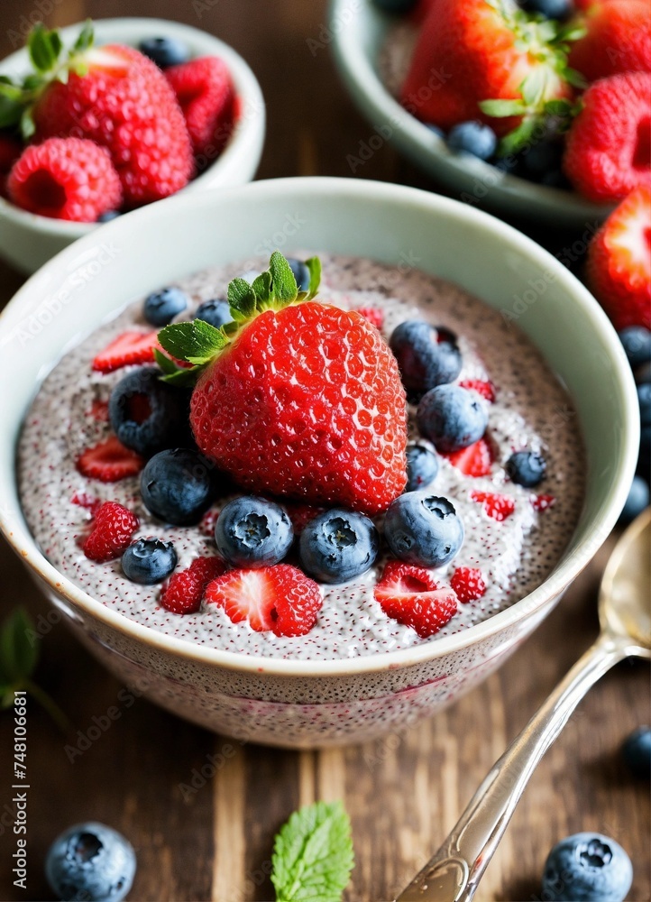 close up horizontal image of a bowl of yogurt with muesli and berries under the morning lights Generative AI close up horizontal image of a bowl of yogurt with muesli and berries under the morning lights Generative AI