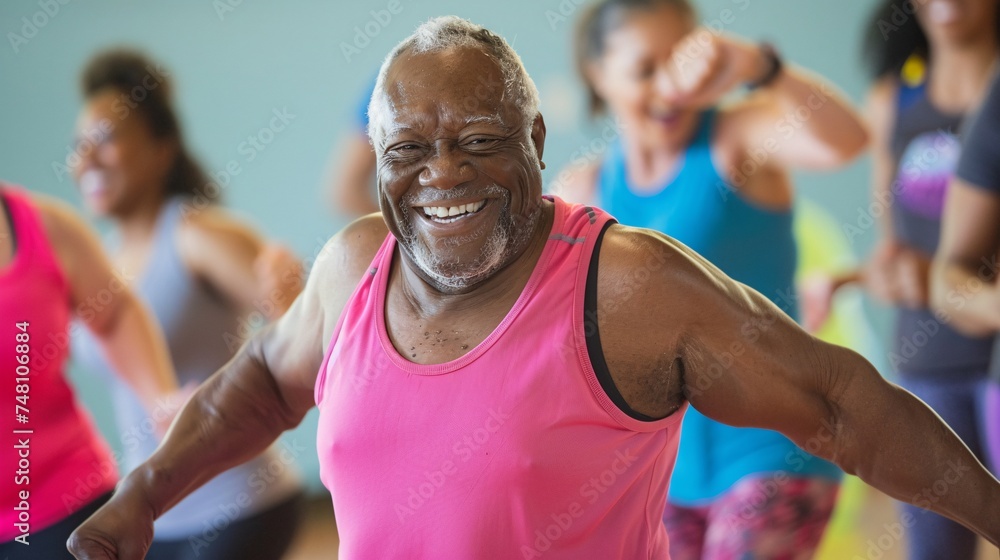 Older black man smiling and shaking his hips with enthusiasm as he participates in a high-energy Zumba class 