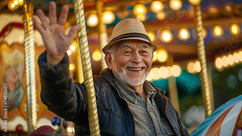 An older man smiling and waving enthusiastically as he enjoys a gentle carousel ride © Maelgoa