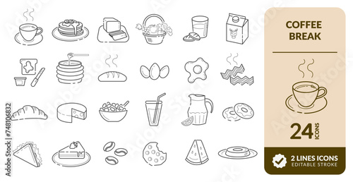 COLLECTION OF LINE EDITABLE BREAKFAST VECTOR ICONS. KIT WITH ELEMENTS OF COFFEE, CHEESE, BUTTER, BREAD, FRUIT, CAKE, PIE, EGGS, JUICE AND OTHERS
 photo