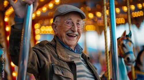 Older man smiling and waving enthusiastically as he enjoys a gentle carousel ride