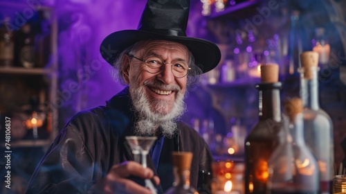 An older man smiling in a wizard costume as he hosts a magical Halloween potion-making workshop with a mysterious purple background