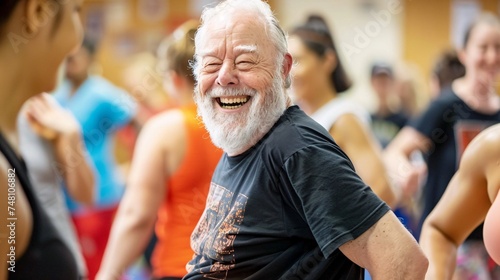 Older man smiling and shaking his hips with enthusiasm as he participates in a high-energy Zumba class