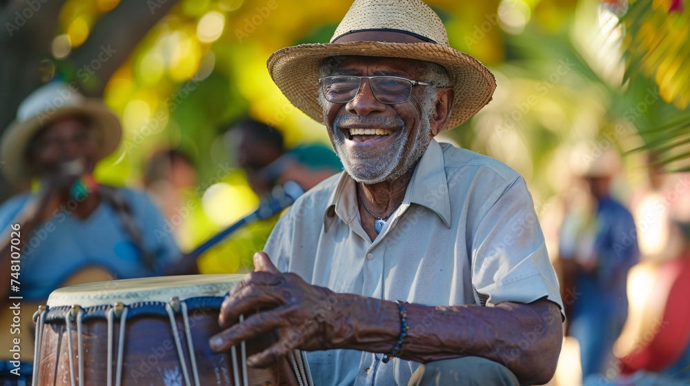 Senior man smiling while playing a tambourine and enjoying the vibrant atmosphere of an outdoor concert