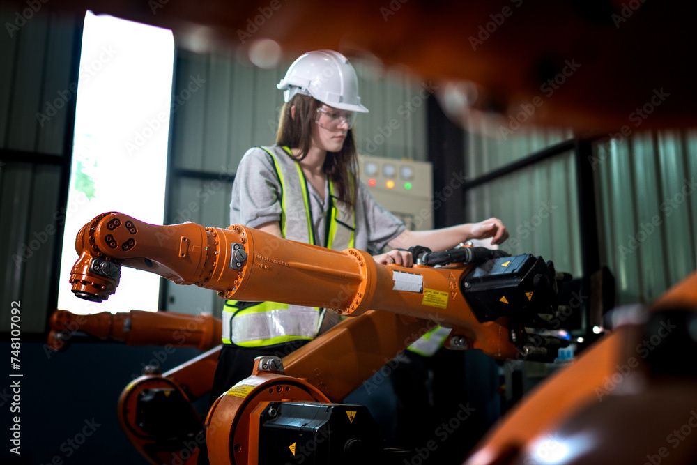 Obraz premium Factory engineers inspecting on machine with smart tablet. Worker works at heavy machine robot arm. The welding machine with a remote system in an industrial factory. Artificial intelligence concept.