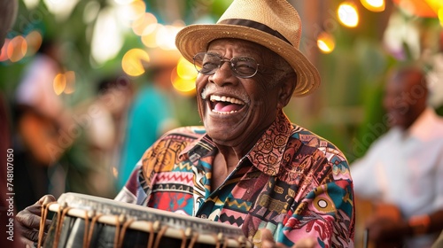 An older man smiling while playing a tambourine and enjoying the vibrant atmosphere 