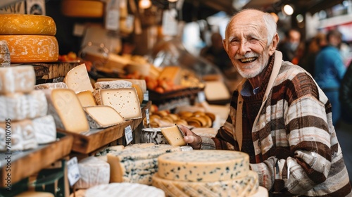 Older man sampling artisanal cheeses with a smile at a bustling market