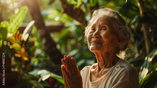 An elderly asian woman smiling peacefully as she practices yoga in a lush garden