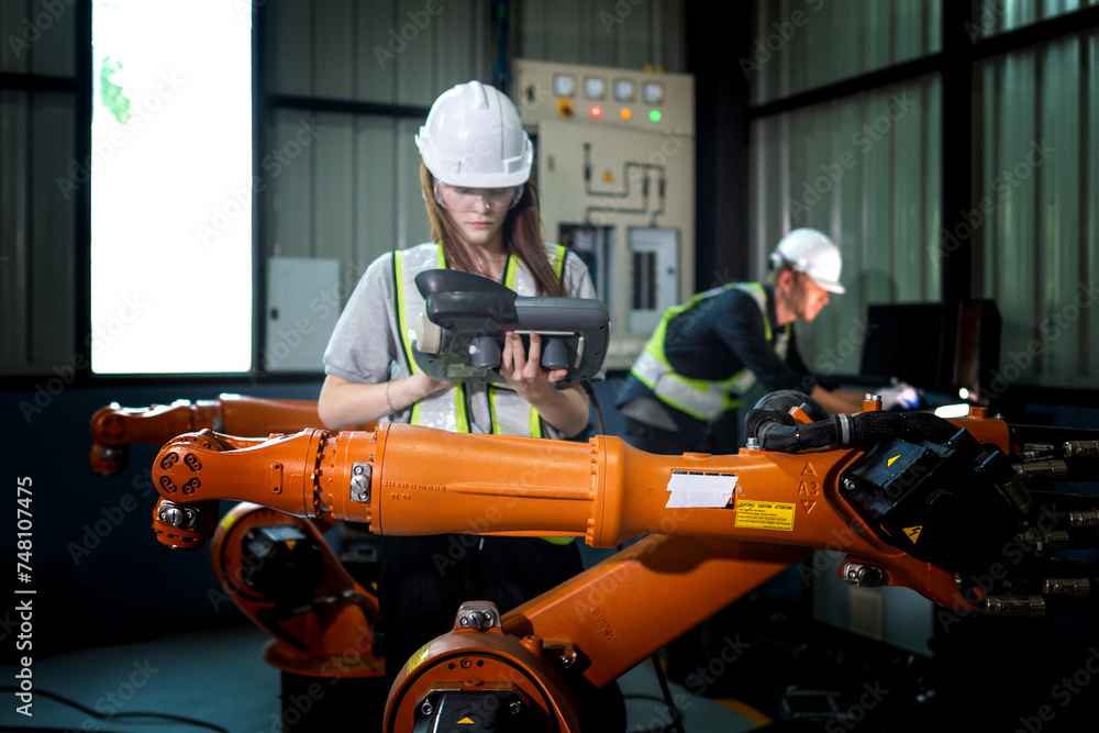 Fototapeta premium Factory engineers inspecting on machine with smart tablet. Worker works at heavy machine robot arm. The welding machine with a remote system in an industrial factory. Artificial intelligence concept.