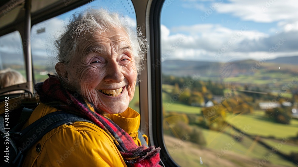 A senior woman smiling as she boards a bus for a group tour to historic landmarks and scenic wonders with a picturesque countryside background