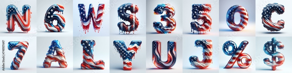 glass letters in color USA flag 3D Lettering Typeface. AI generated illustration