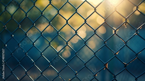 A lattice of metallic wires in sunlight with intricate fence details and illuminated background. photo