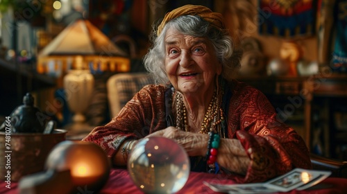 Elderly woman smiling and dressed as a mystical fortune teller with a crystal ball and tarot cards