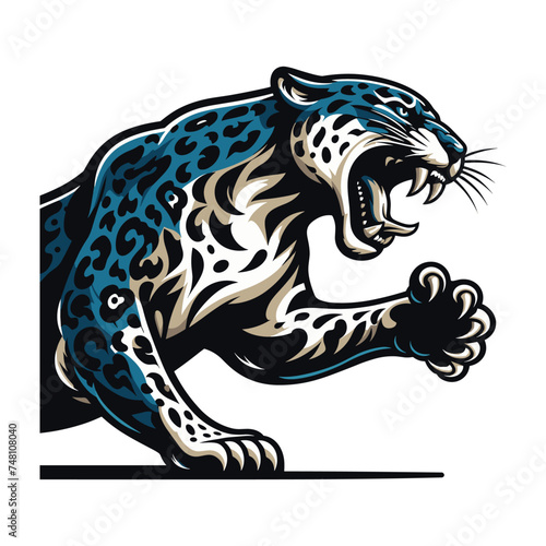 Wild roaring jaguar leopard vector illustration, zoology illustration, animal predator big cat design template isolated on white background