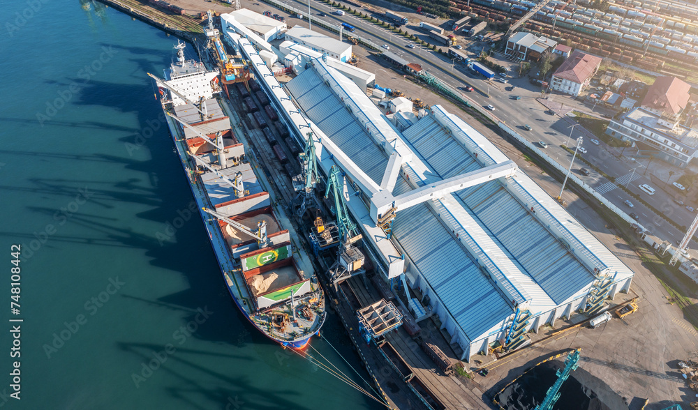 Expansive aerial view of dynamic operations at a multipurpose industrial cargo terminal with ships and cranes