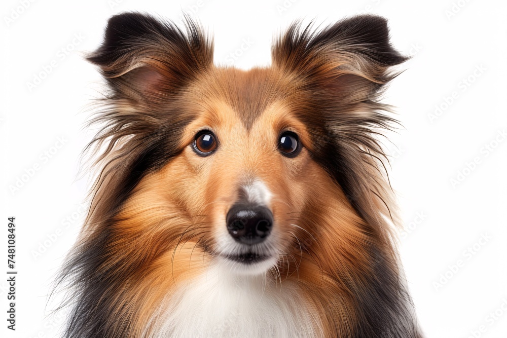 A picture of a pedigree sheltie in front of a blank backdrop.