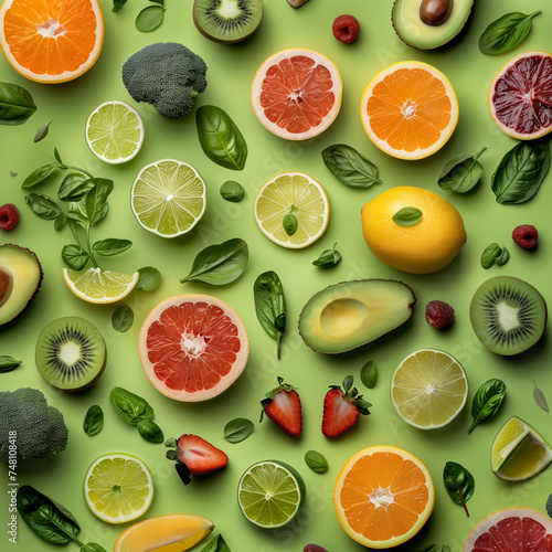 Flat lay of a colorful assortment of fresh fruits and vegetables on green background