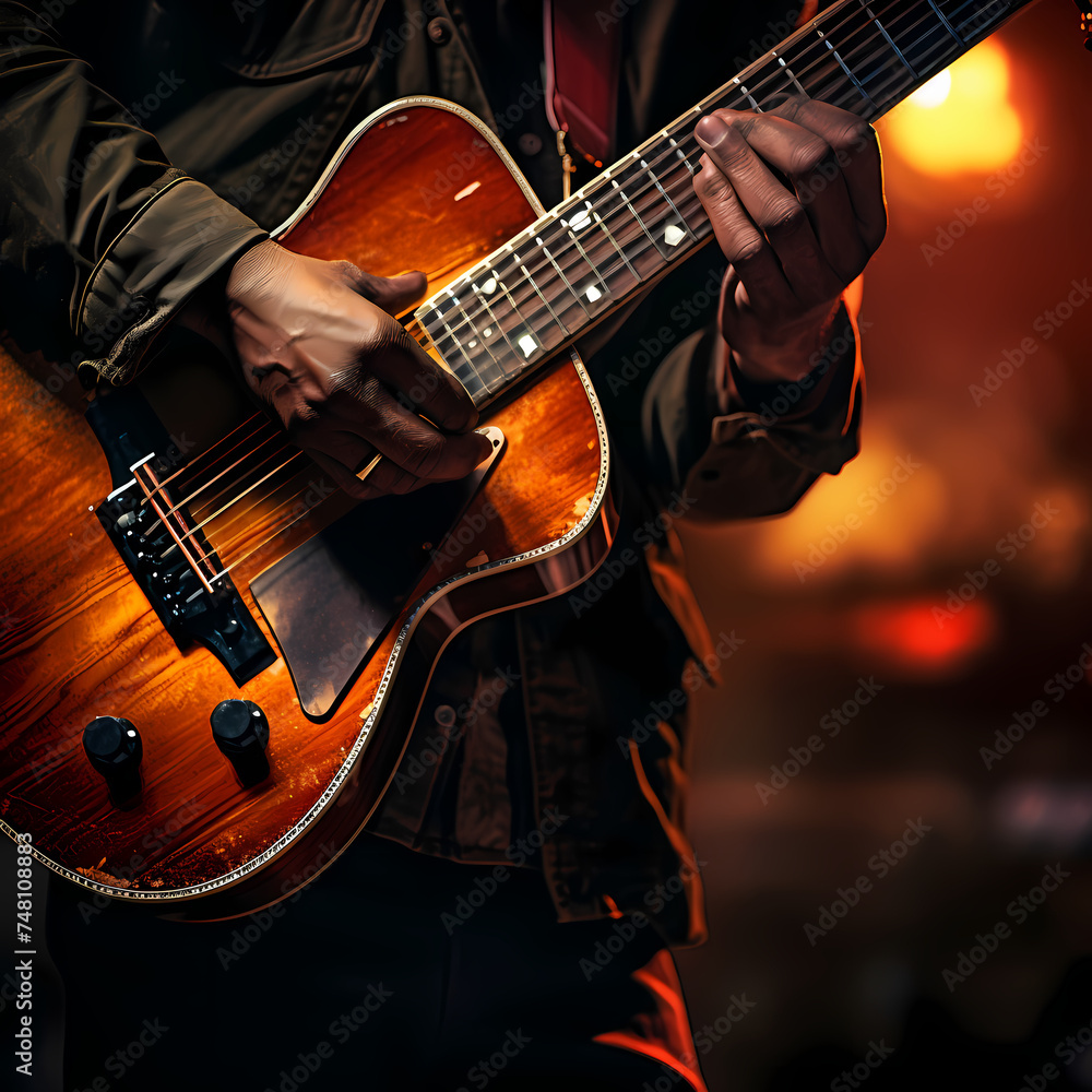 Close-up of a musician playing a guitar.