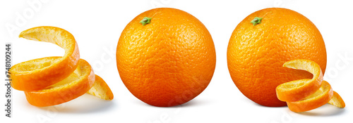 Orange isolated. Orange collection with zest on white background. Orang fruit set with twisted peel. Clipping path. Full depth of field. photo