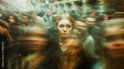 portrait of a woman highlighted in a middle of crowd, symbolizing solitude, isolation and mental health issues in modern society