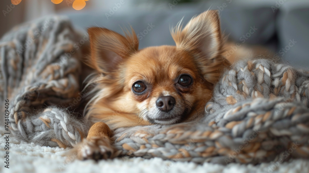 Favorite pet dog lies on the sofa in the living room. Pet care. Favorite pet dog lies on the sofa in the living room. Pet care.