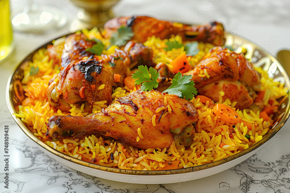 chicken biryani with yellow rice. indian dish of rice and chicken marinated in spices. ramadan food chicken biryani with yellow rice. indian dish of rice and chicken marinated in spices. ramadan food