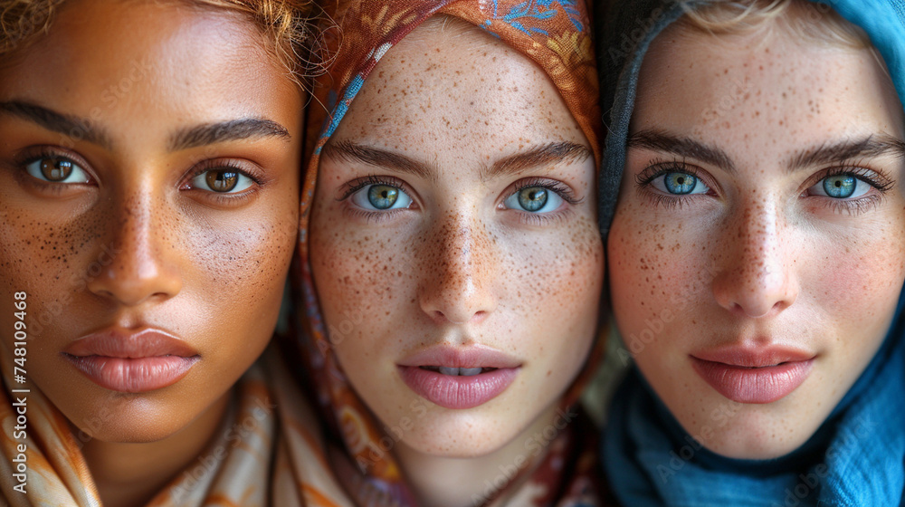 Close-up portrait of three multiethnic women in headscarf. Close-up portrait of three multiethnic women in headscarf.