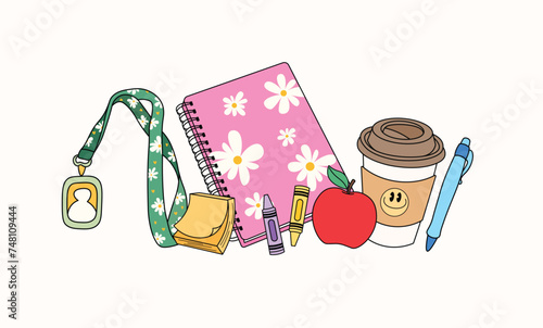 Cute teacher stuff collection with coffee cup vector, retro vintage favorite teacher things clip art, teacher bag essentials vector