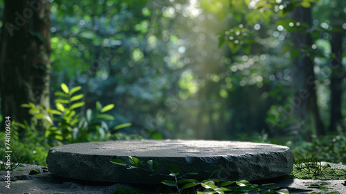 Stone table in the foggy forest. 3d render illustration.