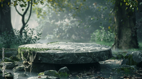 Empty stone table in the forest. 3D render. Natural background