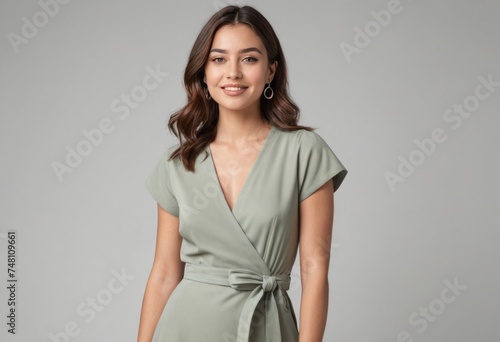 A woman in a stylish wrap dress smiles, portraying modern elegance and casual sophistication.