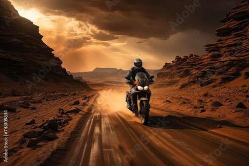a group of luxurious girls ride motorcycles against the backdrop of sunset. Distant side view © anwel