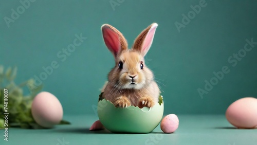 Easter bunny hatching from green Easter egg on green background © MARS