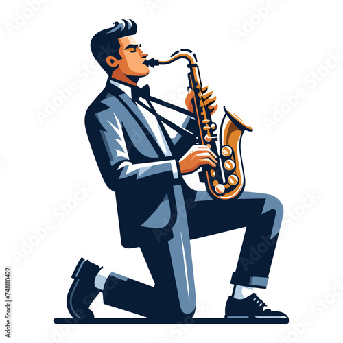 Musician playing saxophone, music player performing solo, holding sax instrument in hands, man saxophonist, jazz and blues performance. Flat vector illustration isolated on white background